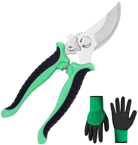 OFFCUP Sécateur à Lame Franche, Sécateur de Jardin, Sécateur Professionnel avec paire de gants, Sécateur pour Brindilles et Branches Bigneuses pour Tailler Jardins, Arbustes, Clôtures (Vert)