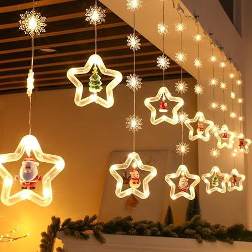 Devan Christmas Lights,3M LED String Lights with Hooks，Snowflake LED Christmas String Light Hanging Fairy Lights for Bedroom Wall Party Outdoor, Warm White USB. (Star Shape)