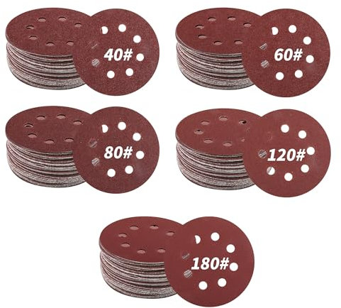 YKUKIZEE 200 Pcs 125 mm Sanding Discs, 40 x 40/60/80/120/180 Mixed Grit Sandpaper 8 Holes Hook and Loop, 5 inch Round Sanding Pads Circular for Random Orbital Sander