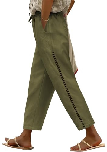 Voqeen Pantalon de Lin Taille Haute pour Femmes Pantalon D'été 7/8 en Coton de Lin Ample Pantalon Léger Décontracté Comfy Gauze avec Poches