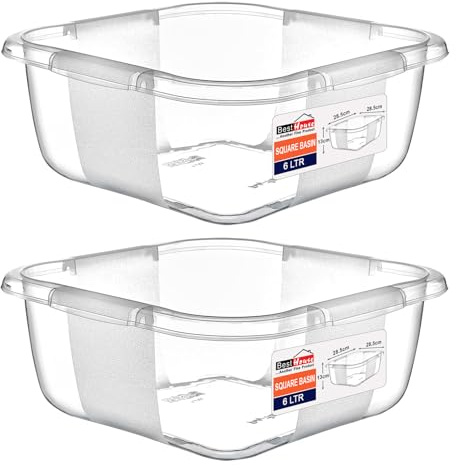 Best House | Plastic Washing up Bowl Basin | Small Square Kitchen Basin Wash Bowl | 6 Litres | Clear | 2 pcs | Multipurpose Bath Tub/Washing Tub for Kitchen, Bathroom, and Household Use (Pack of 2)