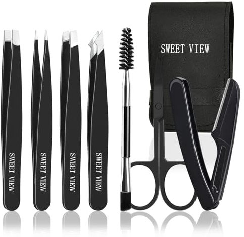 SWEET VIEW 7 pezzi pinzetta sopracciglia professionalepinzetta per sopracciglia per donna e uomo per viso, sopracciglia, mento, peli incarniti (Nero)