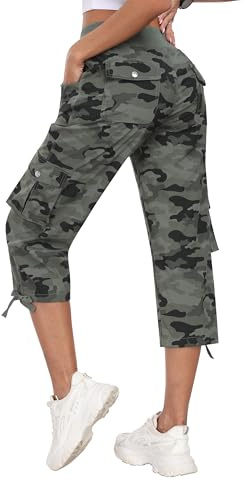 MoFiz Womens Capris Summer Cargo Shorts Lightweight Quick Dry Athletic Casual Travel Loose Ladies Outdoor Hiking Pants Pockets Camouflage Green XL