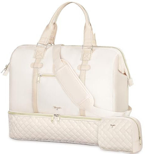 Tonyeee Reisetasche Große Weekender Damen 37L Handgepäck Tasche Reisetasche Nassfach & Schuhfach, Sporttasche Kliniktasche Geburt Travel Duffle Bag Kulturtasche für Flugzeug Reisen, Beige 2er Set