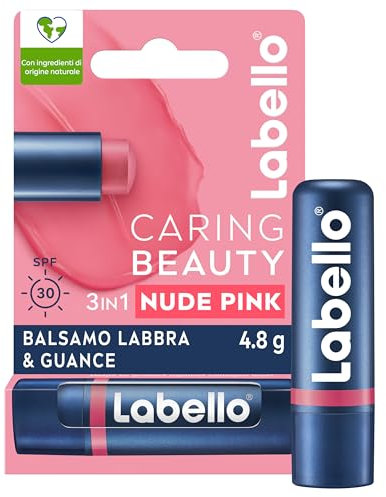 Labello Caring Beauty Lip & Cheek Nude Pink 4.8 g, Burrocacao labbra e guance con una nota di colore rosato, Balsamo labbra colorato e blush stick 2 in 1, Lip balm idratante con protezione SPF 30