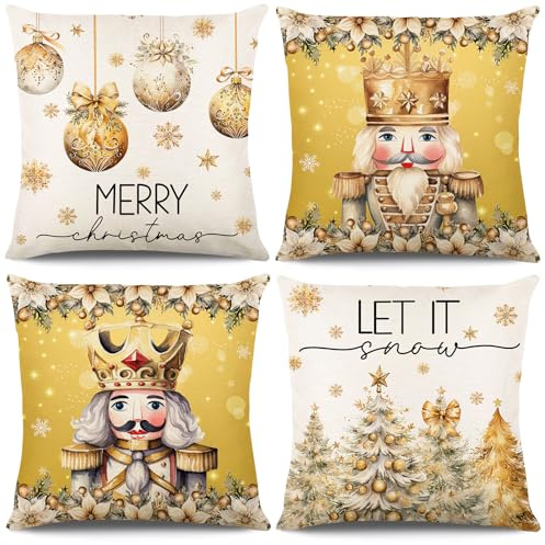 KIKISML Fundas de Cojín Navideñas de 45 x 45cm, 4 Piezas Lino Suave Fundas de árbol de Navidad Almohada Copos de Nieve Renos Papá Noel para Hogar Dormitorio Sofá Decoración Navideña (Oro)