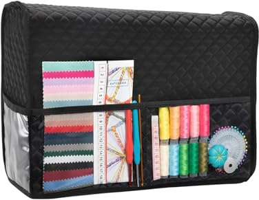 Funda protectora para máquina de coser, funda protectora con bolsillos de almacenamiento esenciales, cubierta para máquina de coser, antipolvo, con bolsillos, cubierta compatible, Negro , ver