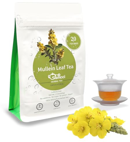 Samcci - Mullein Tea Bags, 20 Teabags, 3g/bag, 100% Pure Mullein Tea Bags for Lungs Cleanse, Natural Herbal Tea Bags, Caffeine Free & No Additives Mullein Leaf Tea for Detox & Respiratory Support