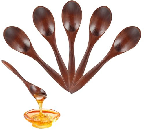 Hisdricus - 5 Pcs Cucchiaio per Miele - Cucchiaini Legno - 14,5 cm, Fatto a Mano, Mini Cucchiaio in Legno per Tè, Caffè, Marmellata, Miele, Accessori da Cucina, Marrone