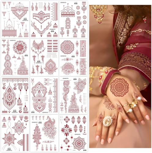 HZHSGLY 12 Sheets Temporary Tattoos, Temporary Tattoos for Women, Indian Red Tattoo Stickers, Waterproof Fake Tattoos for Neck Chest Arms Legs (Red)