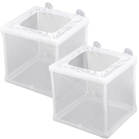 Paquete de 2 cajas de malla para incubadora de peces, 6.3 x 5.5 x 5.9 pulgadas, caja de criador para pecera, malla de nailon blanco, cajas de criador para acuario, peces juveniles, red de separación