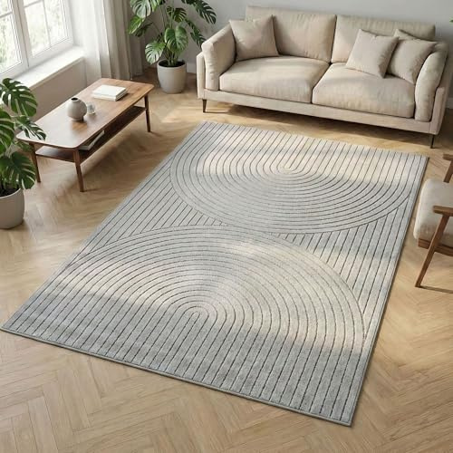Carpetsale24 Kurzflor Teppich 160x230 cm Grau Wohnzimmer, Schlafzimmer, Küche, 3D Hoch-Tief-Effekt, Skandinavisch Boho Motiv, für Outdoor Bereich geeignet Terrassen oder im Balkon