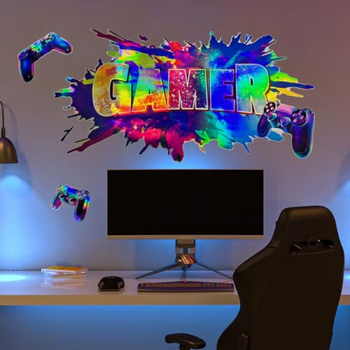 HGDESIGN Autocollant mural autocollant mural Gamepad Zone de jeu 3D Gamer Laser Poster Laser Autocollant mural coloré Décoration murale pour chambre d'enfant Garçons Chambre Garçon Adolescents Jeu