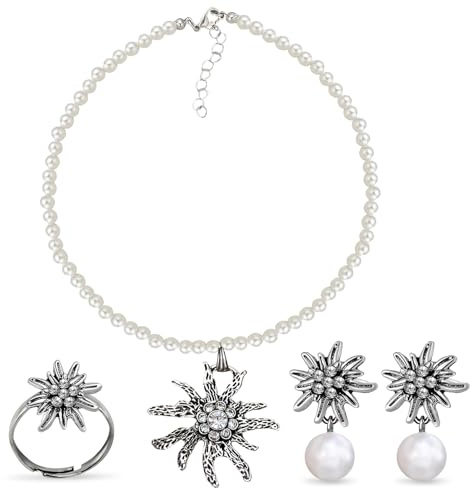 3 Stück Trachtenschmuck Set, Trachtenschmuck Damen Set, Bayerisch Dirndlschmuck Trachtenkette mit Strass Edelweiß Anhänger, Edelweiß Halskette, Edelweiß Ring, für Oktoberfest Damen Outfit Accessoires