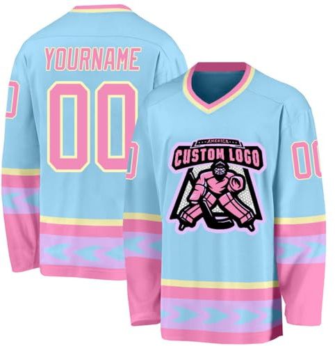 Custom Hockey Jersey for Men Women Youth, Personalized V-Neck Team Uniform with Printed Name, Number, and Logo for Training or Games Light Blue