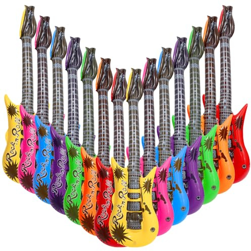 Inflatable Rock Star Guitar Rock Roll Decoration For Birthday Carnival Beach Pool Play Photo-booth, 14 Pack 7 Colors 34'' Blow Up Guitars Instrument DJ Dance Rocker 70s 80s 90s Music Festival Supplies