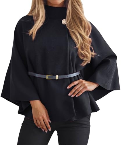 Vhersily Cape pour femme, poncho d'hiver avec manches chauve-souris et ceinture, couleur unie, col haut, avec boutons, manteau court en laine, à la mode, pour les loisirs, activités, Noir , XL