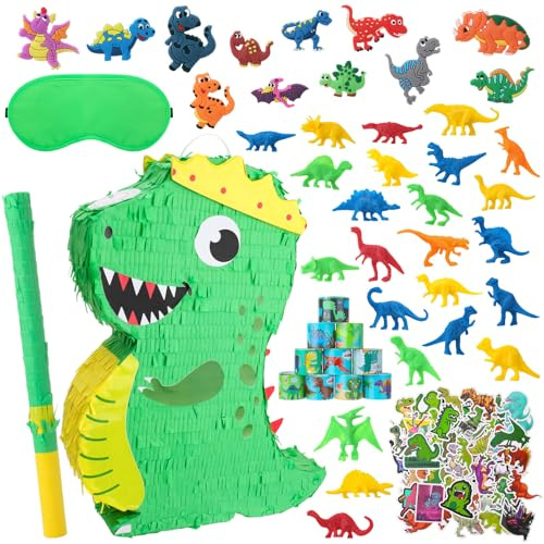 GSrenyu Dinosaur Pinata Set Dinosaur Party Bags Fillers Include 24 Mini Dinosaur Models 12 Slap Bracelets, Stickers & 12 Soft Plastic Dino Rings, Complete Dino Party Pack for Birthday