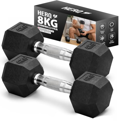 HERQ Hex Dumbbells Set | Rubber Coated Dumbbell Pair | Anti-Roll Free Weights for Home Gym | Ergonomic Grip Weights Set for Strength Training, Fitness, Bodybuilding, Workouts (8KG | 2 X 4KG)
