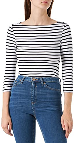Amazon Essentials Women's Slim-Fit 3/4 Sleeve Solid Boat Neck T-Shirt, White Stripes, L