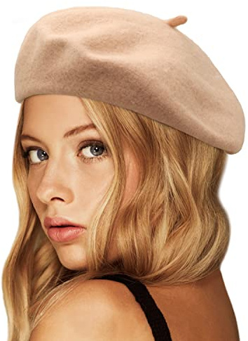 Wheebo Béret en Laine, Couleur Unie, Style français, Bonnet Chaud pour Femmes, Filles, Dames, Abricot, Taille Unique