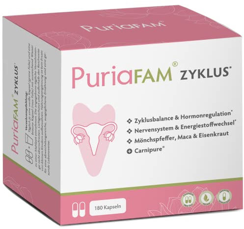 PuriaFAM® Zyklus - 180 Zyklus Tabletten - Maca, Mönchspfeffer, Shatavari, Inositol, Frauenmantel, Eisen - Vegane Hormon Balance