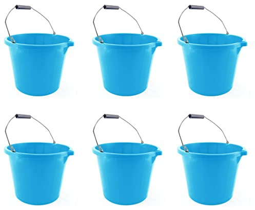 M1SS [𝗦𝗲𝘁 𝗼𝗳 𝟲]- Blue 3 Gallon 14 Litre Builders Bucket Strong Large Water Mixing Tub with Handle, Measuring Guide and Pouring Lip Gardening, Household -Made In U.K