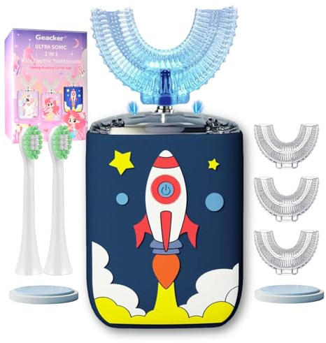 Geacker Kids U Shaped Electric Toothbrush Ultrasonic Automatic Brush with 5 Brush Head 6 Clean Modes IPX7 Waterproof Whole Mouth Rechargeable Smart Timer Toothbrushes for Children Age 2-7 (Blue)