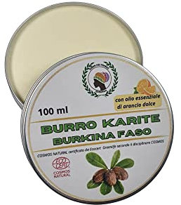 Burro di Karité del Burkina Faso (100ml) naturale non raffinato, profumato con essenza di arancio, certificato Ecocert. Idrata la pelle. Prodotto equo solidale.