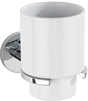 WENKO UV-Loc® Zahnputzbecherhalter Isera, Becher aus Keramik mit Halter aus Vierkantrohr & Wandmontageplatte aus Zinkdruckguss zum Befestigen ohne Bohren mit innovativem Klebesystem, 7 x 11 x 12 cm