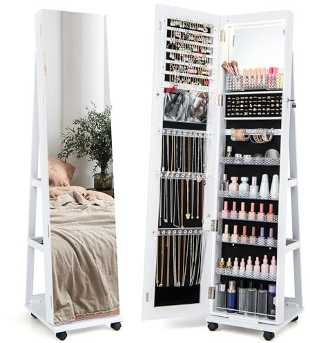 RELAX4LIFE Armoire à Bijoux à Roulettes 360º avec Miroir Pleine Longueur, Miroir sur Pied avec Rangement Bijoux, Éclairage LED, 5 Étagères Réglables pour Bague Bracelet (Blanc)