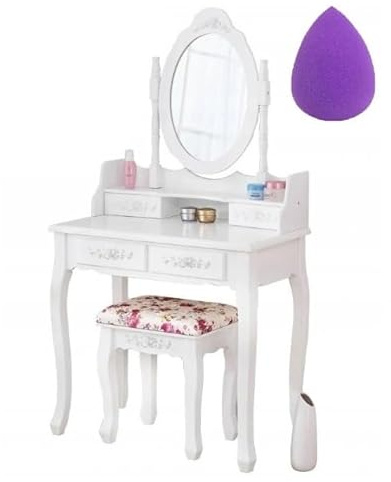 BDW TL01 Sminkbord - med spegel, lådor och pall - Litet bord - för sovrum, tonårsrum -Sminkbord - Sminkbord - Kosmetikbord - Vintagestil - Vit