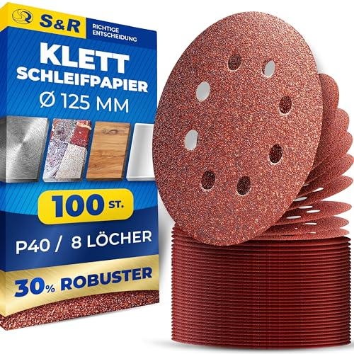 S&R Disques de Ponçage Papier Abrasifs 125mm Ponceuse Orbitale - 100 Disques Grain 40 à 8 trous