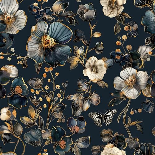 Livelynine Papier Peint Adhesif Mural Motif Floral Bleu Foncé et Blanc Papier Peint Fleuri Vintage Adhesif pour Meuble Motif Floral Bleu Doré Impermeable Papiers Peints Fleurs Luxe Chambre 44.5CMx2M