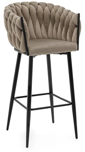 NEW HOME Barhocker Latina gepolsterter für Wohnzimmer Esszimmer Glamour geflochtener - Moderne Samt Velours Möbel (Dunkelbeige)