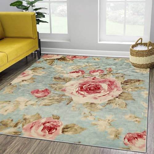 Teppich Moderner Weiche Bodenmatte, Vintage schäbiger Blumenstoff Schlafzimmer-rutschfeste Bodenmatte, Hellblau Kurzflorige Flauschige Bodenmatte, WaschbarPflegeleicht 180 x 250 cm