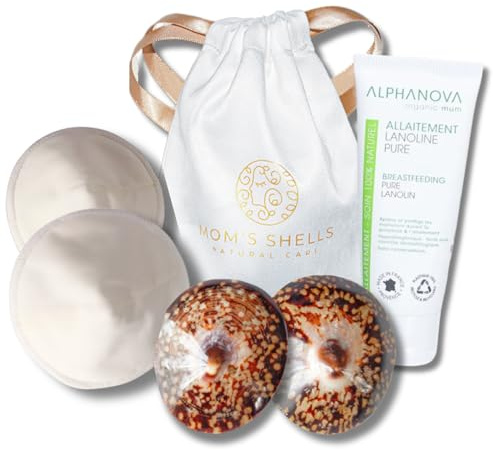 MOM'S SHELLS komplett amningskit: Pärlemorskal, ren lanolin, tvättbara dynor och tillbehör – lindrar sprickor, irritationer och amningssmärta (M+Lanolin 40ml)