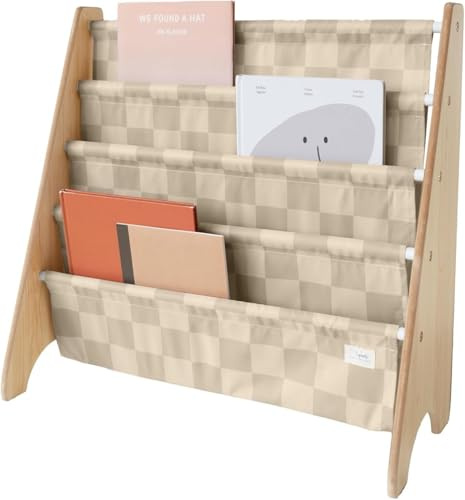 3 Sprouts Recycled Fabric Kids Bookshelf – 4-Tier Sling Book Rack Storage - Kids Room Book Shelves, Nursery, Playroom, Classroom - Bookcase Display Shelf for Toddler, Children Age 3+ - Checkered Beige