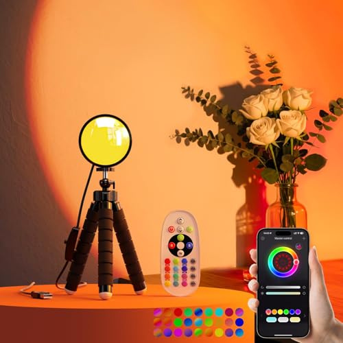 GlasFlength Sunset Lamp, 16 Milioni Colori Lampada da Tramonto Telecomandi e controllo APP Sunset Lamp Rotazione a 360° Dimmerabile per Fotografia Selfie Camera da Letto Decorazione del Soggiorno