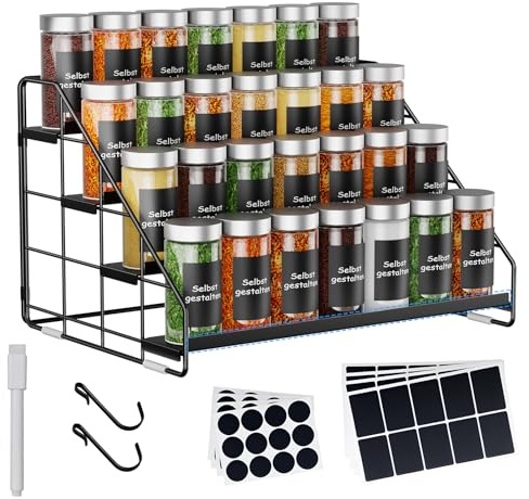 AHOMSEL 4-stöckiges Gewürzregal stehend - Höhenverstellbar (2/3/4 Ebenen) & ohne Bohren - Schwarzes Metall-Gewürzregal mit S-Haken & Etiketten - Gewürzorganizer für Küche, Schrank, Bad