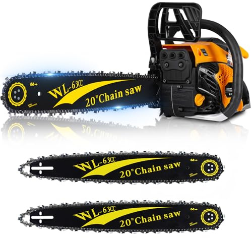 WTHW 63CC Gas Powered Chainsaw 20 Inch, 2-Cycle Engine with 2 Chains & Bars, Heavy Duty Gas Chain Saw for Tree Felling, Logging, and Firewood Cutting (63CC – Yello)