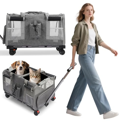 PETCUTE Transportín para Mascotas con Ruedas y Dos Compartimentos,Carga de 17,5 kg,Transportin Gatos Perros con Guinzaglio di Sicurezza,Transportador Plegable para 2 Gatos,para Paseo/Camping,Gris
