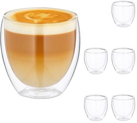Relaxdays Cappuccino-glas, set med 6 stycken, dubbelväggiga, borosilikatglas, 250 ml, diskmaskinssäkert, kaffeglas, transparent