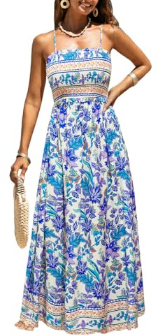 CUPSHE, Maxi abito estivo da donna con motivo floreale e punto smock, senza maniche, increspato, con spalline sottili, abito elegante da spiaggia, XL