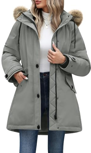 Vancavoo Abrigo Mujer Invierno Chaqueta Parka de Capucha Cálido Largo Jacket de Piel Extraíble Parka para Exteriores,Gris,L