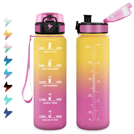 Vattenflaska 500 ml, vattenflaska lämplig för kolsyra, läckagesäker, sportvattenflaska med tidsmarkering, med filter, enhandsöppning, vattenflaska perfekt för camping, barn, kontor, löpning