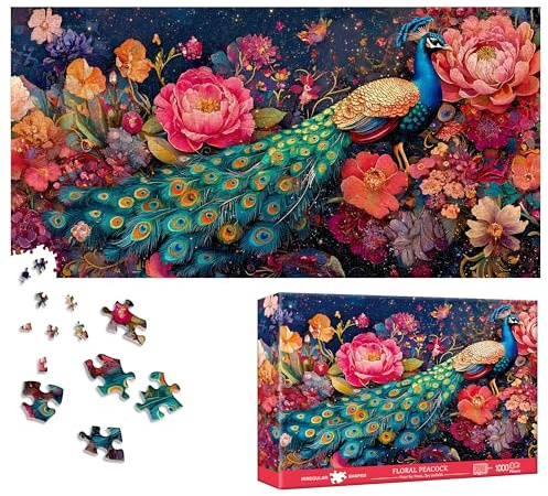 Bimkole Paon Puzzle 1000 Pieces, Fleur Puzzle 1000 Pièces Adultes - Un Familial Divertissant Et Stimulant, Une Excellente Idée Cadeau, Dimensions finales 80 x 41 cm