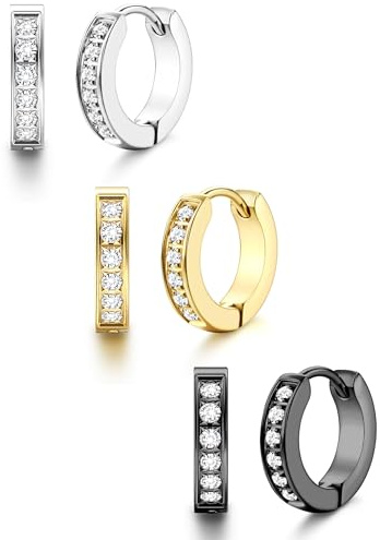 Morfetto Pendientes Hombre Aro Acero Inoxidable 316L Quirúrgico Hipoalergénico - Circonita Pendientes Aro Chapado Oro 14K Negro Plata Piercing Huggie Colores Mixtos 13 mm