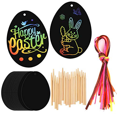 HOWAF 20 Stück Ostern Kratzbild für Kinder, Osterei Kratzbilder Osterdeko Ostern Kratzpapier Bastelset Ostern Geschenke für Kinder Kleine Ostergeschenke Party Mitgebsel, mit Holzstiften Bändern