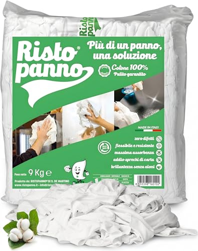 Panni Multiuso Stracci Bianchi Cotone – Box 9 kg – 40/50 x 50/60cm - Panni per Vetri, Acciaio, Mani e Superfici di Lavoro – Alta assorbenza e Zero Pelucchi - Linea Classic